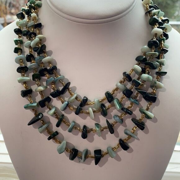 Vintage Signed Japan 4 Layer Light & Dark Green Semi Precious Stone Necklace - Picture 1 of 13